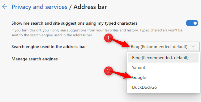 Elegir un motor de búsqueda de barra de direcciones predeterminado en el nuevo navegador Microsoft Edge basado en Chromium.