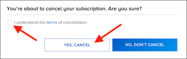 Marque la casilla aceptando que acepta los términos de cancelación y luego seleccione el botón "Sí, Cancelar"