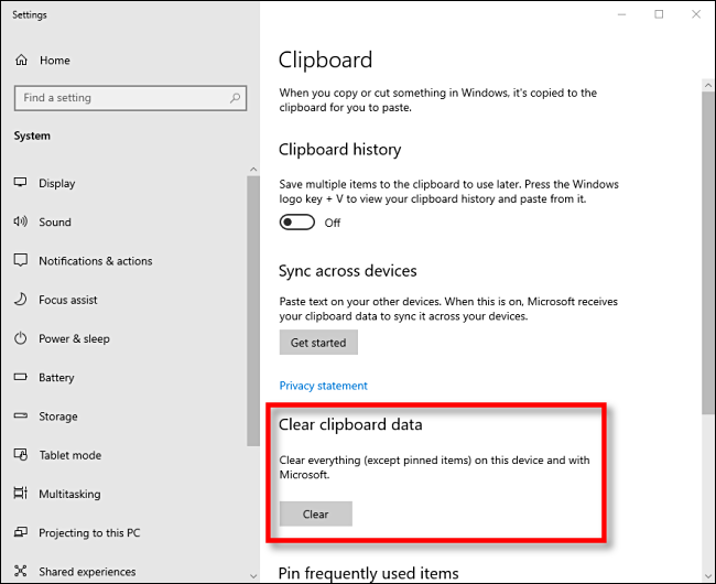 Haga clic en Borrar para borrar los datos del portapapeles en Windows 10