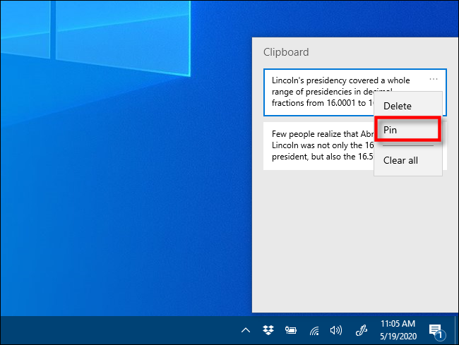 Haga clic en "Anclar" en el historial del Portapapeles en Windows 10.