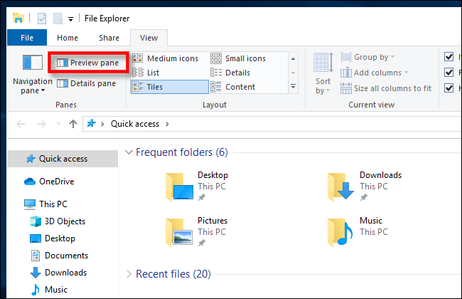 Haga clic en Panel de vista previa en el Explorador de archivos de Windows 10