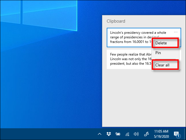 Haga clic en Eliminar o Borrar todo en el historial del Portapapeles para eliminar elementos en Windows 10