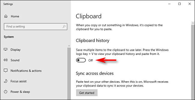 Haga clic en el interruptor de historial del portapapeles en la configuración del sistema de Windows 10 para apagarlo
