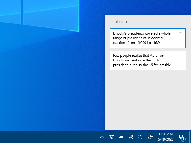 La ventana emergente del historial del Portapapeles en Windows 10.