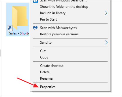 elija el comando de propiedades en el menú contextual del atajo