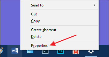 elija el comando de propiedades en el menú contextual del acceso directo de la barra de tareas