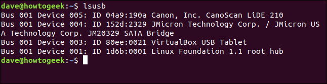 Dispositivos USB enumerados en una ventana de terminal