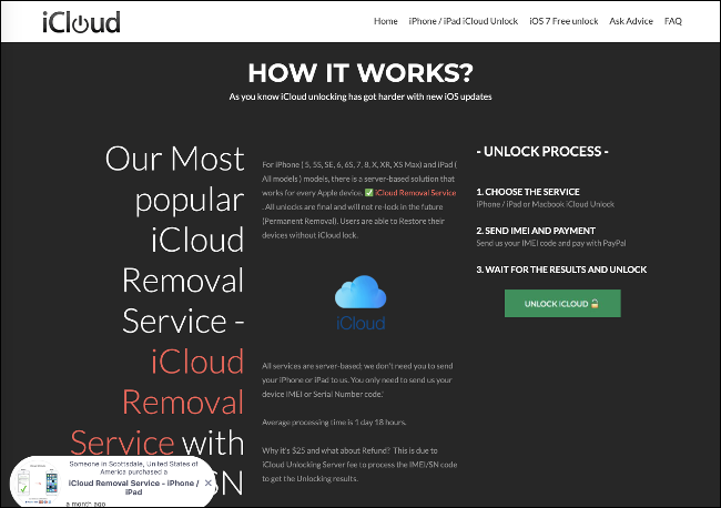 El sitio web del Servicio de eliminación de iCloud.