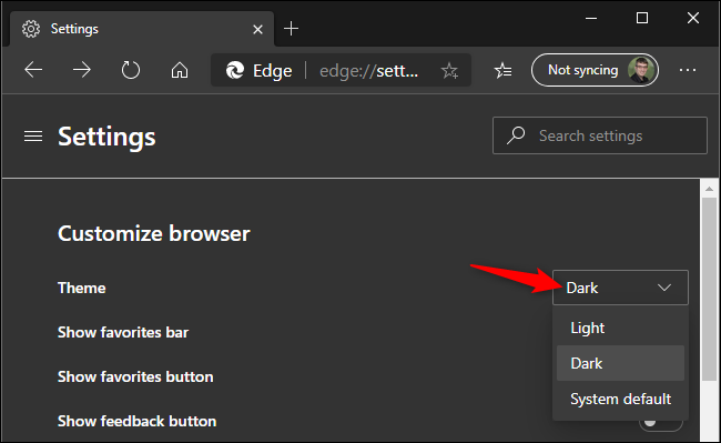 Habilitando el modo oscuro en el nuevo Microsoft Edge basado en Chromium.