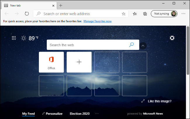 La página Nueva pestaña en el nuevo navegador Microsoft Edge.