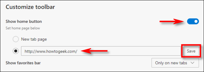 En Configuración de Edge, haga clic en "Mostrar botón de inicio", luego ingrese una URL para su página de inicio.  Luego haga clic en "Guardar".