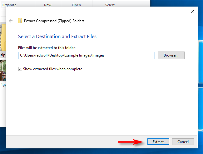 Haga clic en "Extraer" en Windows 10.