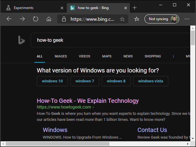 Forzar el modo oscuro en Bing en el nuevo navegador Edge de Microsoft.