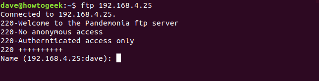 comando de conexión ftp en una ventana de terminal