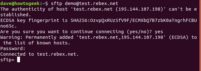 conectarse a un sitio sftp en una ventana de terminal