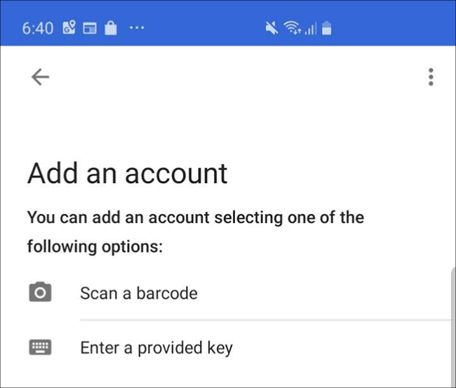La pantalla de la aplicación Google Authenticator en un teléfono, donde toca "Escanear un código de barras".