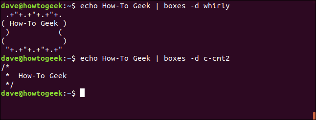 "echo How-To Geek | boxes -d whirly" en una ventana de terminal.