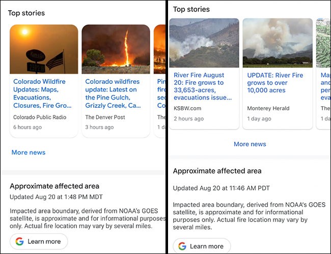 Google Maps con historias relacionadas con los incendios.