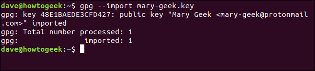 clave importada con éxito en una ventana de terminal