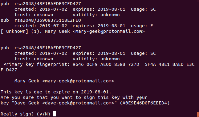 Confirmación de firma de clave gpg en una ventana de terminal