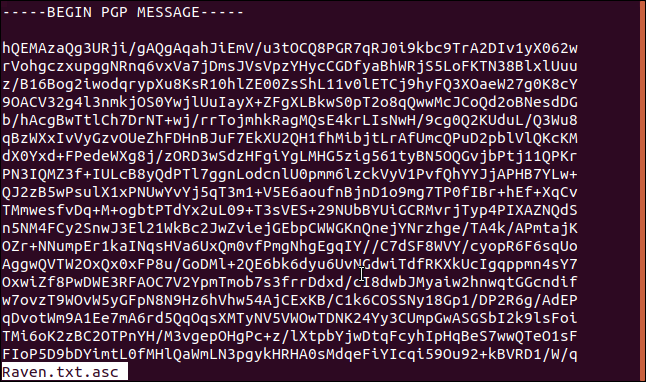 Contenido cifrado de raven.txt.asc en una ventana de terminal