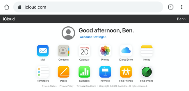 El panel de iCloud en Android, que se muestra en el modo de vista de escritorio