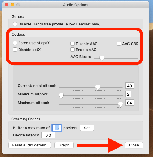 Marque el uso forzado de aptX y habilite las casillas AAC.  Haga clic en cerrar.