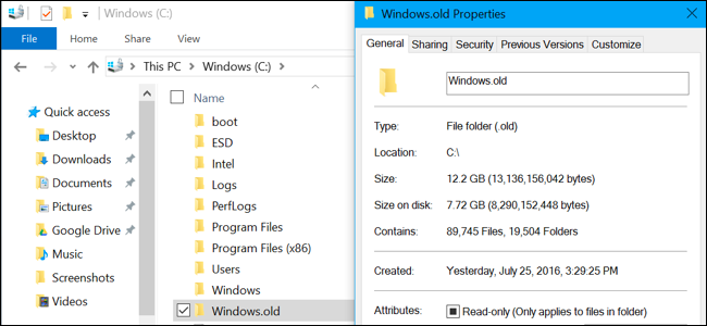 Tamaño de la carpeta Windows.old en el Explorador de archivos