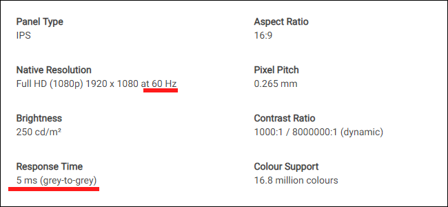 La hoja de especificaciones de un monitor Dell.  Tenga en cuenta la diferencia entre la frecuencia de actualización y el tiempo de respuesta.