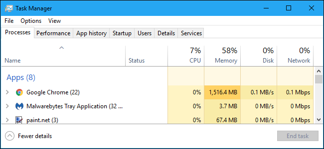 Pestaña Procesos en el Administrador de tareas de Windows 10