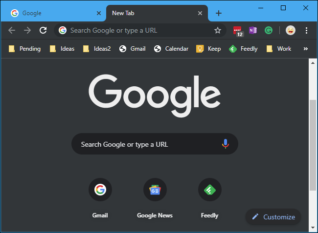 Modo oscuro integrado de Chrome en Windows 10 que muestra la página de nueva pestaña