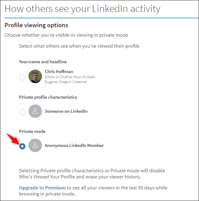 Opción para evitar que LinkedIn comparta su nombre con alguien cuando ve su perfil