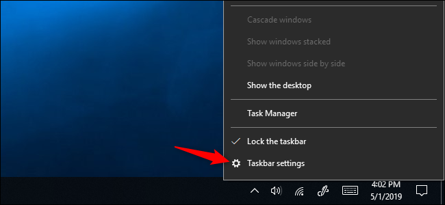 Opción del menú contextual de configuración de la barra de tareas en Windows 10