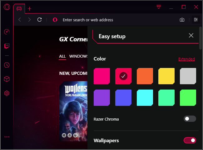 Opciones de color Opera GX y Razer Chroma