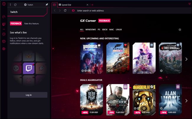 Panel de la barra lateral de Opera GX Corner y Twitch