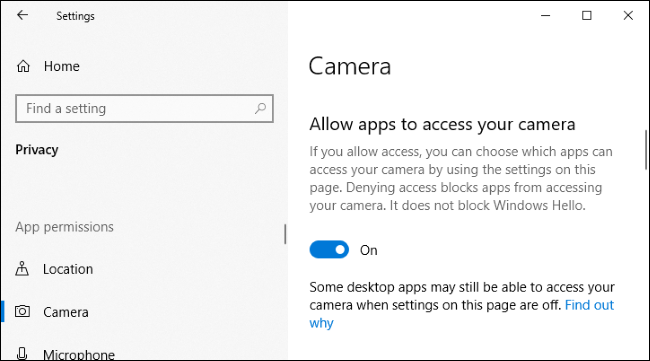 Opción para deshabilitar el acceso a la cámara para aplicaciones en la aplicación de configuración de Windows 10