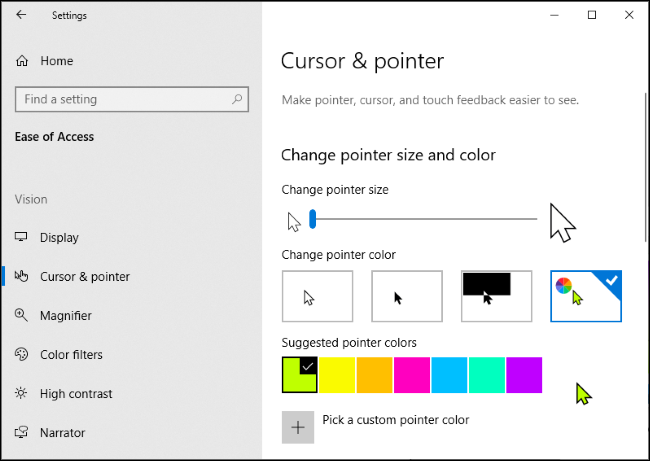 Selección personalizada del color del puntero del mouse en la aplicación Configuración de Windows 10 con el cursor verde seleccionado.