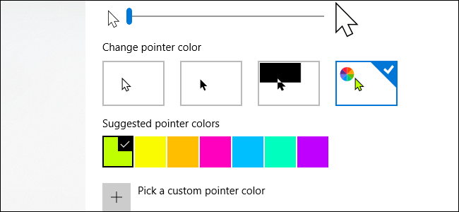 Opciones de color y tamaño del puntero del mouse de Windows 10.