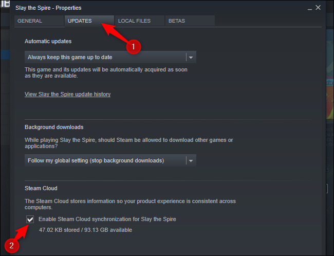 Haga clic en la pestaña "Actualizaciones" y marque la opción "Habilitar la sincronización de Steam Cloud para".