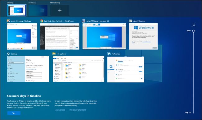 Interfaz de vista de tareas en Windows 10.
