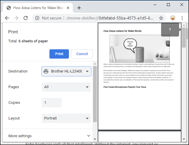 Vista previa de impresión de Chrome de una página web destilada.