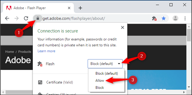 Haga clic en el icono de candado, haga clic en el cuadro "Flash" y luego haga clic en "Permitir".