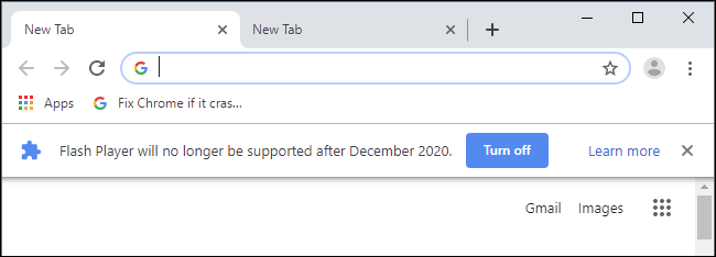Mensaje de banner "Flash Player ya no será compatible después de diciembre de 2020" en Google Chrome.