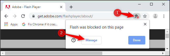 Haz clic en el ícono del complemento bloqueado en el cuadro multifunción de Chrome y haz clic en "Administrar".