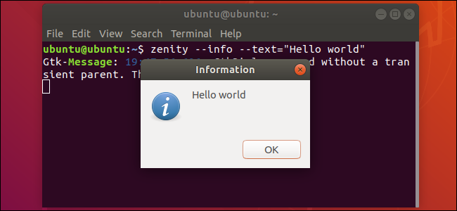Una ventana de información zenity iniciada desde una terminal de Ubuntu.