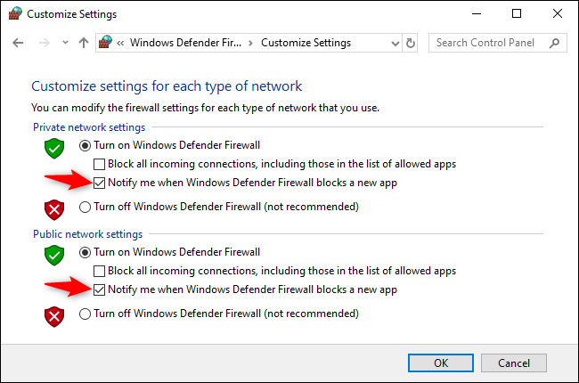 Desmarque la opción "Notificarme cuando el Firewall de Windows Defender bloquee una nueva aplicación" en la configuración de red pública y privada.