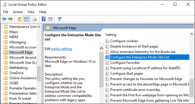 Configuración de la lista de sitios del Modo de empresa en Windows 10.