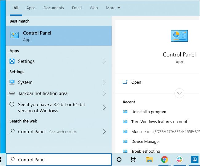 Iniciar el Panel de control desde el menú Inicio de Windows 10