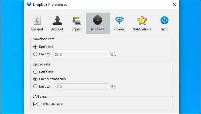 Preferencias de Dropbox que muestran Habilitar opciones de sincronización de LAN