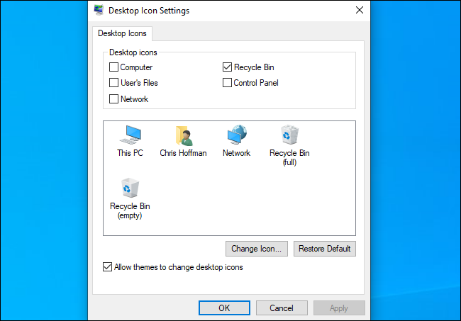 El cuadro de diálogo Configuración del icono del escritorio de Windows